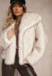 Jasnobeżowa Elegancka Kurtka Futerko z Kołnierzem Vertirida. Brązowe kurtki damskie Renee, na zimę, m, bez wzorów, z futra, bez kaptura. Za 259.99 zł.