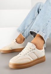 Beżowe Sneakersy Tenisówki Ozdobione Paskami Falaviela. Brązowe obuwie sportowe damskie Renee, z jeansu, bez zapięcia, tenisowe. Za 89.99 zł.