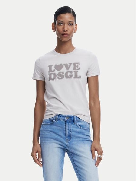 Desigual T-Shirt Love Dsgl 25SWTK10 Szary Regular Fit. Szare t-shirty damskie Desigual, s, bez wzorów, z bawełny, bez kołnierzyka. Za 89.99 zł.