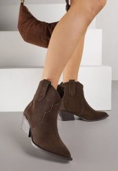 Ciemnobrązowe Botki Typu Kowbojki na Stożku ze Skóry Naturalnej Clearfeather. Brązowe botki damskie Renee, z jeansu, klasyczne, bez obcasa, na obcasie, bez zapięcia. Za 189.99 zł.