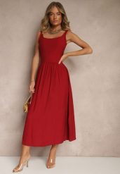 Bordowa Rozkloszowana Sukienka z Wiskozy Milunisa. Czerwone sukienki damskie Renee, bez wzorów, z jeansu, eleganckie, bez ramiączek. W wyprzedaży za 67.99 zł.