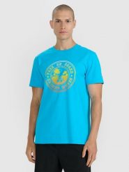 4F T-shirt regular z nadrukiem męski - niebieski S. Niebieskie t-shirty i koszulki chłopięce 4F, bez wzorów, z bawełny, bez kołnierzyka, bez ramiączek. W wyprzedaży za 39.99 zł.
