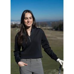 Damski golfowy sweter Swinley – Miękki, elastyczny, szybkoschnący half-zip. Czarne swetry klasyczne damskie FLAIRWAY GOLF, z tkaniny, bez kołnierzyka. Za 362.00 zł.