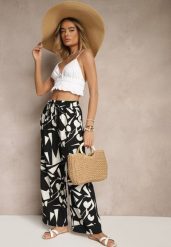 Czarne Szerokie Spodnie High Waist z Wiskozy Zdobione Abstrakcyjnym Printem Zileira. Czarne spodnie materiałowe damskie Renee, z aplikacjami, z jeansu. Za 49.99 zł.