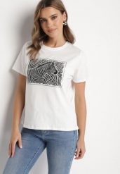 Biały T-shirt z Bawełny o Kroju Oversize z Nadrukiem z Zebrą Naliviel. Białe t-shirty damskie Born2be, s, bez wzorów, z bawełny, bez kołnierzyka. Za 14.99 zł.