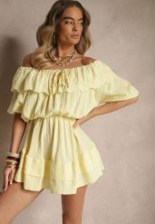 Żółta Sukienka z Bawełny Ozdobiona Ażurową Falbaną Ranisse. Żółte sukienki damskie Renee, z aplikacjami, z bawełny, eleganckie, bez ramiączek. W wyprzedaży za 111.99 zł.