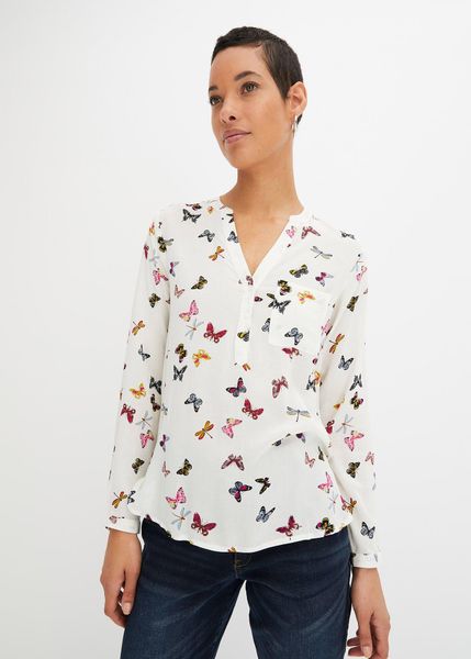 Bluzka z lejącej wiskozy. Białe bluzki damskie bonprix, bez wzorów, z wiskozy, eleganckie, bez kołnierzyka, bez ramiączek. Za 99.99 zł.