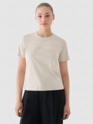 4F T-shirt regular z nadrukiem damski - beżowy XXL. Brązowe t-shirty damskie 4F, xs, bez wzorów, z bawełny, bez kołnierzyka. W wyprzedaży za 29.99 zł.