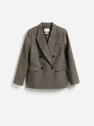Dwurzędowa marynarka z wełną - ciemnobrązowy. Brązowe marynarki i żakiety damskie Reserved, l, bez wzorów, z tkaniny. Za 459.99 zł.
