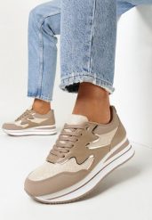 Ciemnobeżowe Sneakersy na Grubej Płaskiej Podeszwie z Metalicznymi Wstawkami Redversa. Brązowe obuwie sportowe damskie Born2be, z materiału, przed kostkę, bez zapięcia. Za 119.99 zł.
