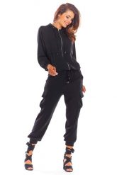 Czarna Bluza na Zamek z Kapturem. Czarne bluzy damskie Awama, l, bez wzorów, z elastanu, z kapturem. Za 222.90 zł.