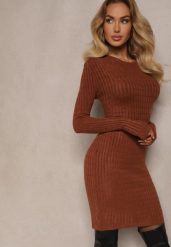 Brązowa Mini Sukienka z Dzianinowego Materiału o Prążkowanej Fakturze i Dopasowanym Kroju Theresia. Brązowe sukienki damskie Renee, bez wzorów, z bawełny, bez ramiączek. W wyprzedaży za 63.99 zł.