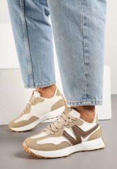 Ciemnobeżowe Sneakersy Ozdobione Geometryczną Aplikacją Jenilitia. Brązowe obuwie sportowe damskie Born2be, z materiału, bez zapięcia. Za 79.99 zł.