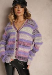 Fioletowy Rozpinany Kardigan z Wiskozą i Wełną w Paski Esamara. Fioletowe kardigany damskie Renee, bez wzorów, z jeansu. Za 59.99 zł.