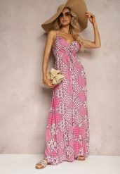 Różowa Boho Sukienka z Wiskozy z Gumką w Pasie i Trójkątnym Dekoltem Winsalia. Czerwone sukienki damskie Renee, bez wzorów, z wiskozy, boho, bez ramiączek. W wyprzedaży za 55.99 zł.