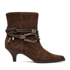 Botki Badura. Brązowe botki damskie Badura, bez obcasa, na słupku, bez zapięcia. Za 499.99 zł.