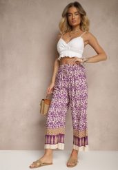 Fioletowe Spodnie z Bawełny High Waist z Abstrakcyjnym Wzorem Lisathiela. Fioletowe spodnie materiałowe damskie Renee, bez wzorów, z bawełny. Za 29.99 zł.