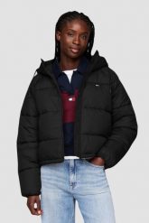 TOMMY JEANS Czarna damska kurtka z kapturem. Czarne kurtki damskie Tommy Jeans, s, bez wzorów, z jeansu, z kapturem. W wyprzedaży za 497.99 zł.