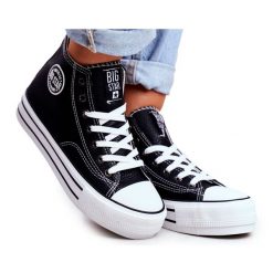 Trampki Damskie Big Star Czarne GG274012. Czarne trampki damskie bez wzorów, z materiału, bez zapięcia. Za 227.30 zł.