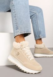 Beżowe Sneakersy z Ekozamszu z Futrzaną Wyściółką Etaylla. Brązowe obuwie sportowe damskie Renee, na zimę, z futra, bez zapięcia. Za 99.99 zł.