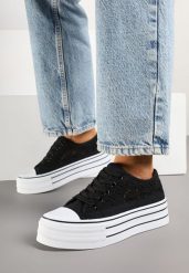 Czarne Trampki na Grubej Podeszwie z Ażurową Cholewką Felariona. Czarne obuwie sportowe damskie Born2be, z jeansu, bez zapięcia. Za 54.99 zł.