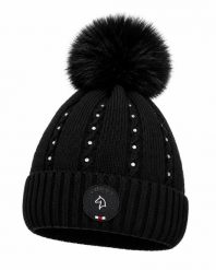 Zimowa czapka jeździecka czarna. Czarne czapki damskie EQUUS BRAND, na zimę, z aplikacjami, z materiału. Za 79.99 zł.