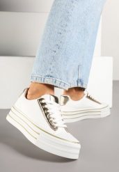 Biało-Złote Trampki na Platformie w Casualowym Stylu Ravilne. Białe trampki damskie Renee, bez wzorów, z jeansu, bez zapięcia. Za 79.99 zł.