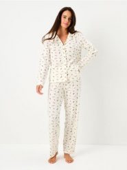 Bawełniana piżama dwuczęściowa ze wzorem - kremowy. Białe piżamy damskie Sinsay, bez wzorów, z bawełny, bez ramiączek. Za 79.99 zł.