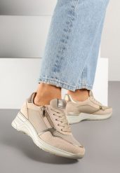 Beżowe Sneakersy na Koturnie z Wkładką ze Skóry Naturalnej Ozdobione Suwakiem Arivios. Brązowe obuwie sportowe damskie Renee, z jeansu, bez zapięcia. Za 149.99 zł.