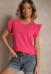 Różowa Bawełniana Bluzka z Krótkim Rękawem z Ażurowej Falbanki Voanira. Czerwone bluzki damskie Renee, l, w ażurowe wzory, z bawełny, eleganckie, bez kołnierzyka, bez ramiączek. Za 34.99 zł.