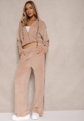Ciemnobeżowy Dresowy Komplet Welurowy Bluza i Spodnie z Panterkowymi Wstawkami Elazoria. Brązowe bluzy damskie Renee, l, bez wzorów, z dresówki, bez kaptura. Za 69.99 zł.