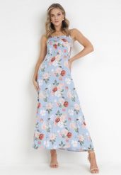 Niebieska Sukienka Maxi na Szerokich Ramiączkach z Ozdobnymi Guzikami w Kwiaty Delphyne. Niebieskie sukienki damskie Born2be, bez wzorów, z tkaniny, bez ramiączek. Za 99.99 zł.