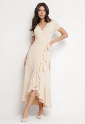 Beżowa Sukienka z Paskiem Kopertowa Ozdobiona Falbanami Wleffia. Brązowe sukienki damskie Born2be, bez wzorów, eleganckie, bez ramiączek. Za 189.99 zł.