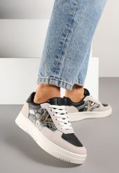 Czarno-Beżowe Sneakersy z Metalicznym Zdobieniem i Wstawką z Imitacją Skóry Węża Sarilira. Czarne obuwie sportowe damskie Born2be, z jeansu, bez zapięcia. Za 84.99 zł.
