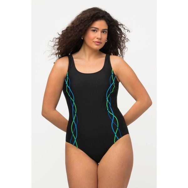 Damski Strój kąpielowy lamówki bez miękkich miseczek pas pod biustem. Czarne stroje jednoczęściowe Ulla Popken, bez wzorów, z elastanu. Za 143.99 zł.