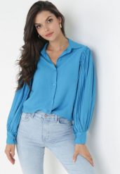 Niebieska Koszula z Plisowanymi Rękawami Leophone. Niebieskie koszule damskie Born2be, bez wzorów, eleganckie, bez kołnierzyka, bez ramiączek. Za 89.99 zł.