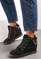 Czarne Sneakersy na Ukrytym Koturnie z Łańcuchem Viree. Czarne obuwie sportowe damskie Renee, z jeansu, bez zapięcia. Za 99.99 zł.