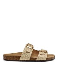 Geox Klapki D Brionia D35LSL 00047 C2012 Złoty. Żółte klapki damskie Geox, bez wzorów, ze skóry, bez obcasa, bez zapięcia. Za 359.99 zł.