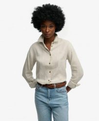 Superdry Premium lniana koszula boyfriend – 100% len, Light Stone Beige. Brązowe koszule damskie Superdry, na lato, bez wzorów, ze lnu, eleganckie, bez kołnierzyka, bez ramiączek. Za 387.20 zł.