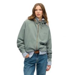 Kurtka dresowa z kapturem zapinana na zamek, damska, z rękawami raglanowymi Supe. Zielone kurtki damskie Superdry, bez wzorów, z dresówki, z kapturem. Za 317.75 zł.