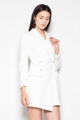 Żakietowa sukienka zapinana na ozdobne guziki ecru. Sukienki damskie Sukienki.shop, bez wzorów, z materiału, biznesowe, bez ramiączek. Za 349.00 zł.