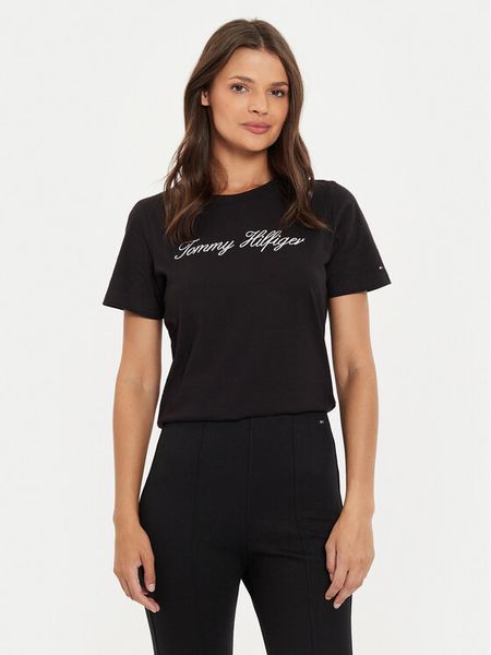 Tommy Hilfiger T-Shirt Script WW0WW43459 Czarny Regular Fit. Czarne t-shirty damskie Tommy Hilfiger, l, bez wzorów, z bawełny, bez kołnierzyka. Za 99.99 zł.