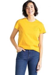 LEE SEASONAL GRAPHIC TEE REGULAR FIT DAMSKI T-SHIRT KOSZULKA NADRUK GOLDEN YELLOW L41OFENF 112109111. Żółte koszulki damskie Lee, l, bez wzorów, bez kołnierzyka, bez ramiączek. W wyprzedaży za 39.99 zł.