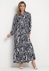 Granatowo-Biała Sukienka Długa Rozkloszowana w Geometryczny Print o Koszulowym Kroju Verdana. Niebieskie sukienki damskie Born2be, bez wzorów, z materiału, bez ramiączek. W wyprzedaży za 118.99 zł.
