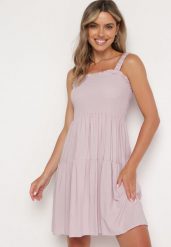 Ciemnoróżowa Sukienka na Ramiączkach z Gumką w Talii i Falbankami Tiamaree. Czerwone sukienki damskie Born2be, bez wzorów, eleganckie, bez ramiączek. Za 59.99 zł.