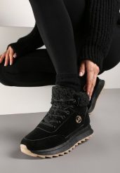 Czarne Sneakersy Mocno Ocieplone Sztucznym Futerkiem Rosanas. Czarne obuwie sportowe damskie Born2be, z jeansu, bez zapięcia, trekkingowe. Za 99.99 zł.