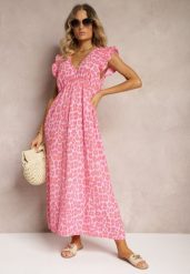 Różowa Sukienka Boho z Bawełny Ozdobiona Wiązaniem Carivia. Czerwone sukienki damskie Renee, bez wzorów, z bawełny, boho, bez ramiączek. W wyprzedaży za 119.99 zł.