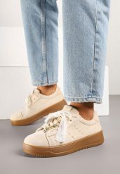 Beżowe Sneakersy na Grubej Podeszwie z Ozdobnymi Kokardkami Divelia. Brązowe obuwie sportowe damskie Born2be, na lato, z jeansu, bez zapięcia. Za 89.99 zł.
