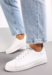 Białe Sneakersy na Płaskiej Podeszwie z Ozdobną Wstawką i Sznurowaniem Neotine. Białe obuwie sportowe damskie Renee, z jeansu, bez zapięcia. Za 49.99 zł.