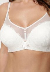 Jasnobeżowy Koronkowy Biustonosz Typu Full Cup z Metalowymi Klamerkami i Cyrkoniami Mulani. Brązowe biustonosze Renee, bez wzorów, z koronki. Za 34.99 zł.